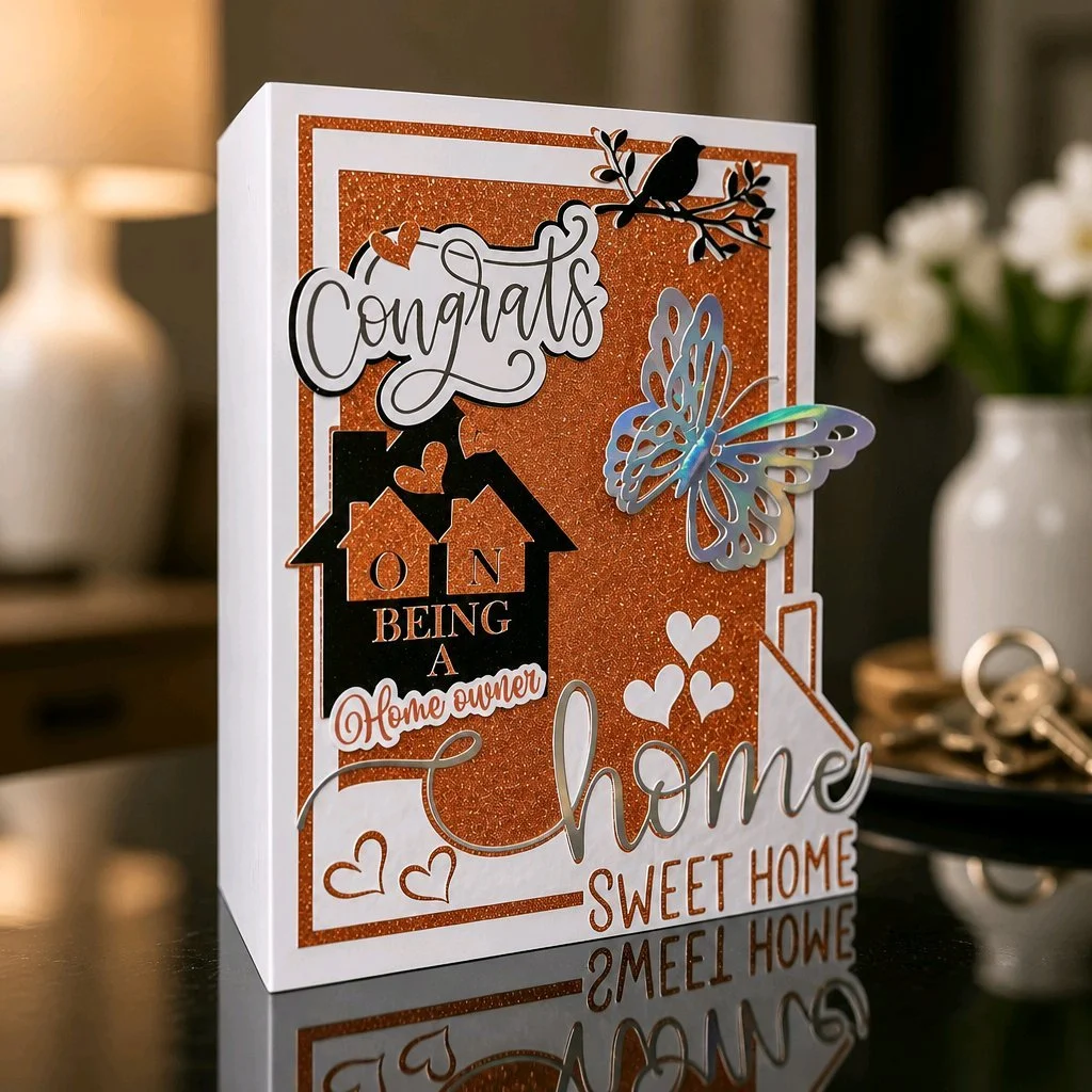 Congratulations On Your New Home Card!
Make someone's day with this beautifully cut new home card, a cute butterfly adorns the card. Cut in silver holographic and burnt orange smooth glitter card.  Add your own message inside. #00159