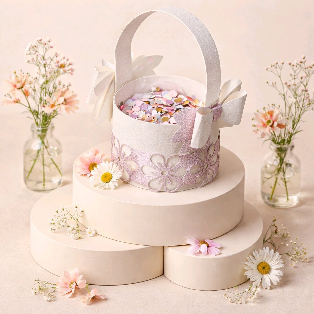 Flower Girl Basket!
Wow! A flower girl basket fit for a princess, This little basket has been cut out of a shimmering white glitter card, that sparkles in the light. (Confetti Not Included) Those large bows on the side are just adorable plus the two 