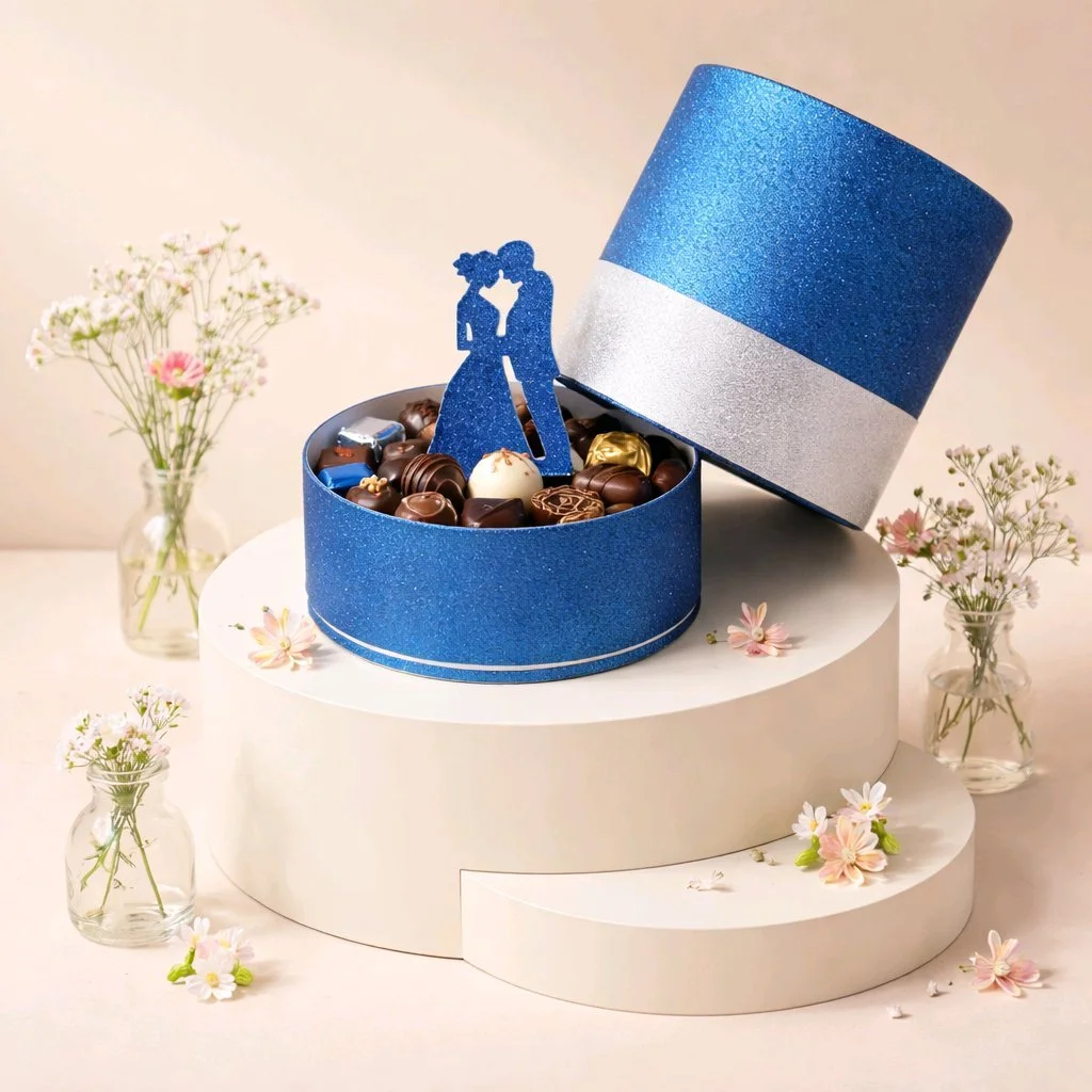 Top Hat Favour Box!
Have you ever seen a favour box like this?
Cut in a beautiful blue glitter card, this box screams elegance.
Just lift off the top & bam! (Chocolates Not Included) #00157