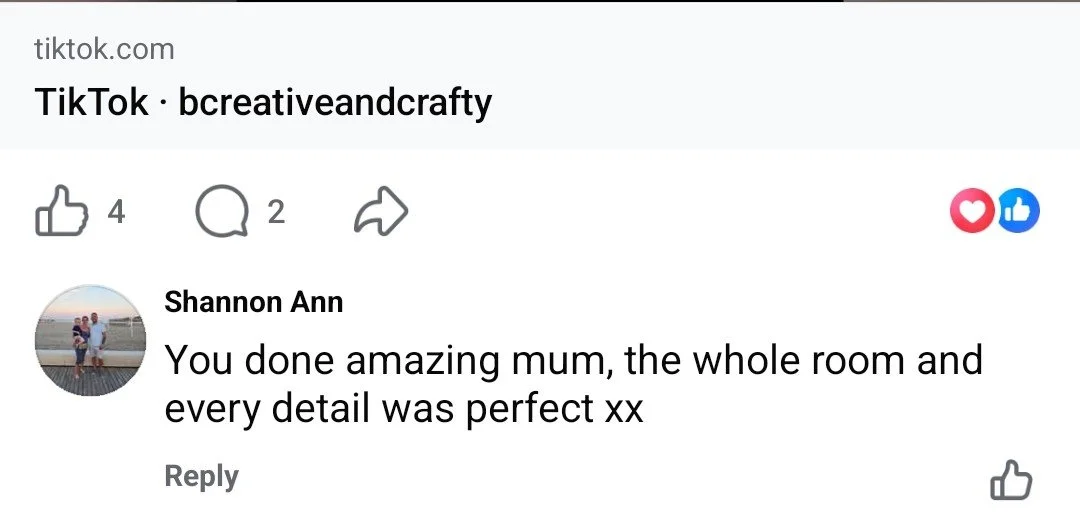 Screenshot from TikTok showing a comment praising a mother's work on decorating a room, with icons for liking, commenting, and sharing.