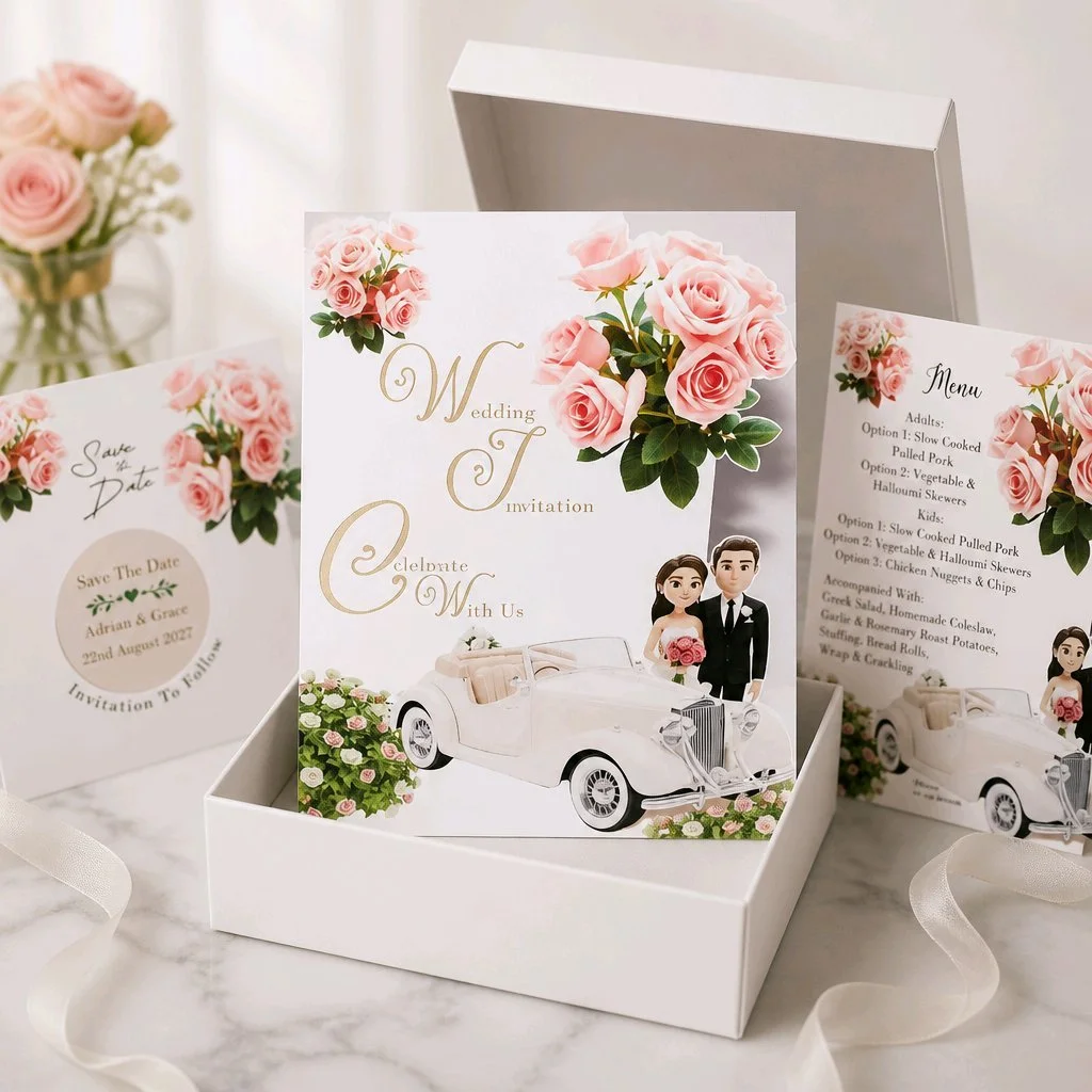 NEW DESIGN! 
Pink Bouquet/Bride/Groom/Vintage Car.
This beautiful AI generated wedding invitation package has it all. Stunning roses, open top vintage car and bride and groom. With vibrant colours this package really does catch the eye. #0012