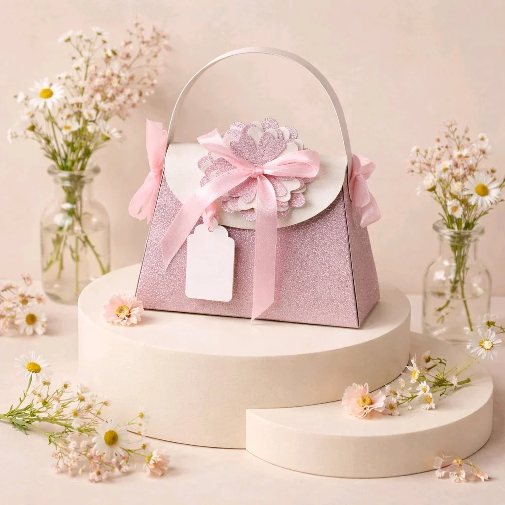 Handbag Favour Box/Flower Girl Handbag!
An absolute beauty! Would you believe me if i said This cute handbag is crafted from glitter card, A stunning little bag perfect for a flower girl. The bag opens up to insert flowers or confetti, adding a touch