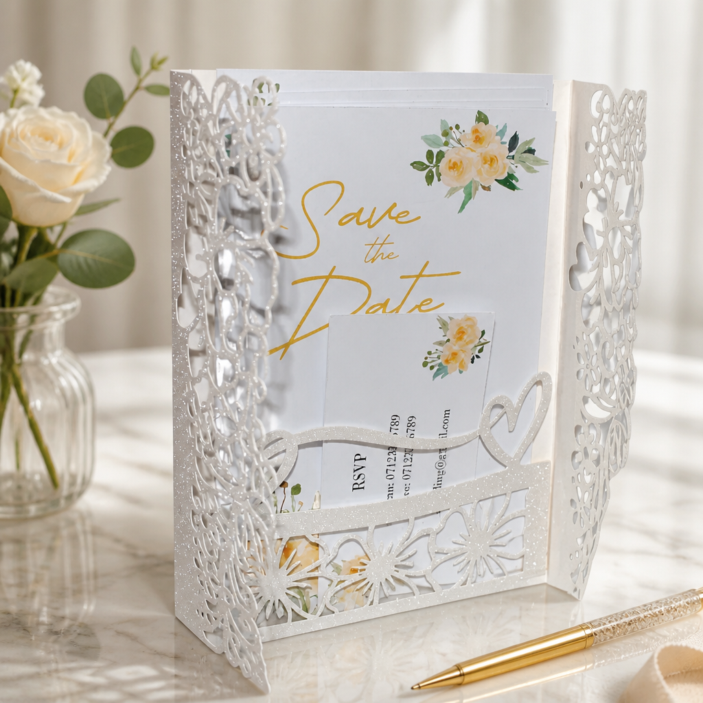 Two Fold Intricately Cut Stationary Package! 
Meet the intricately cut edge wedding stationary card with insert pouch! #008

