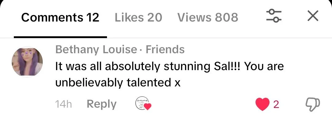 Screenshot of a social media comment praising someone named Sal for their talent and appearance, with 20 likes and 12 comments.