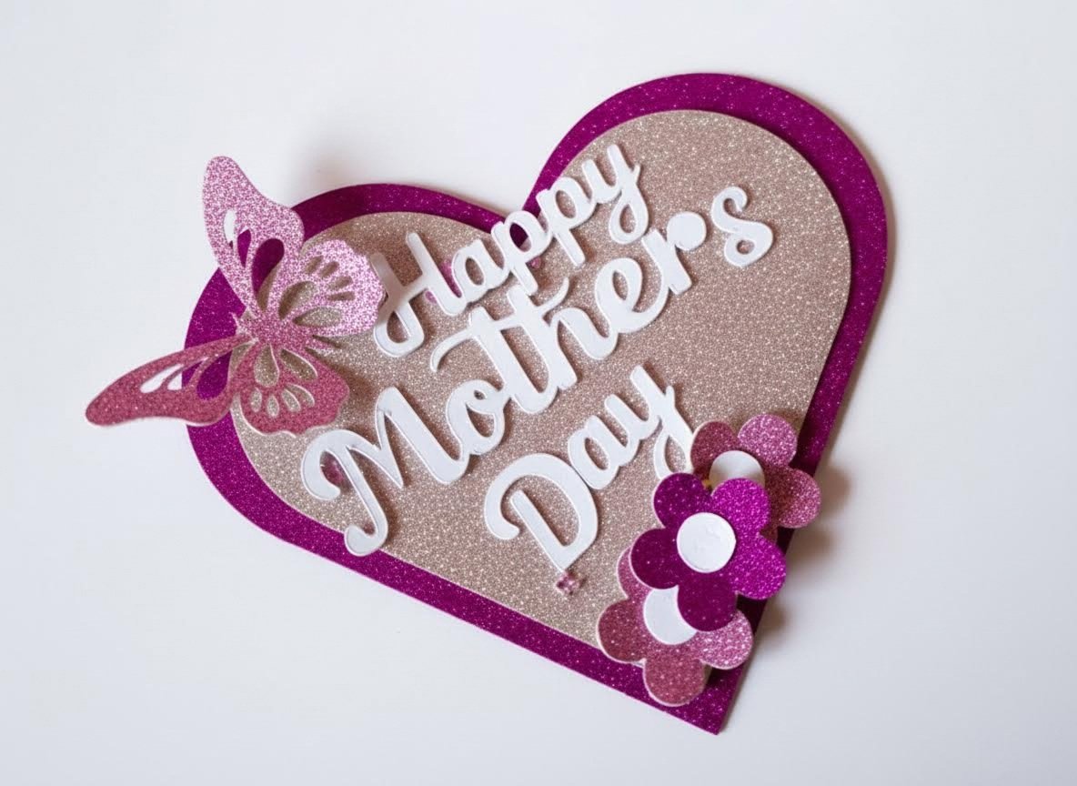 Mother's Day Gift Tag!  A butterfly sits on the top corner of the heart with a happy mother's day message across the front. Finished with  little flowers. #00166