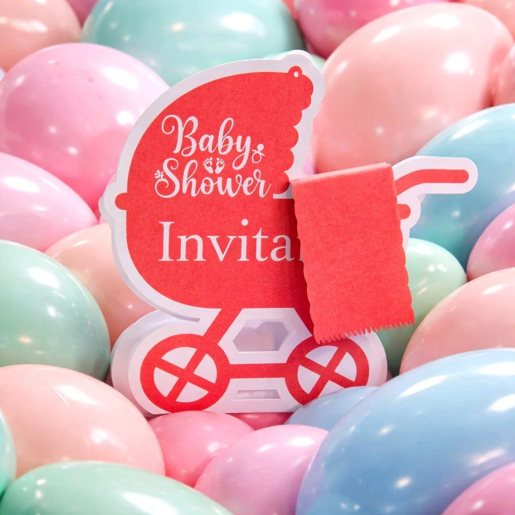 Baby Shower Invitation — Pram Shape with Blanket Red!
Invitation cut in the shape of a classic pram.
 A small, attached paper blanket drapes over the pram’s side to give a 3D, cradling effect.
#00534