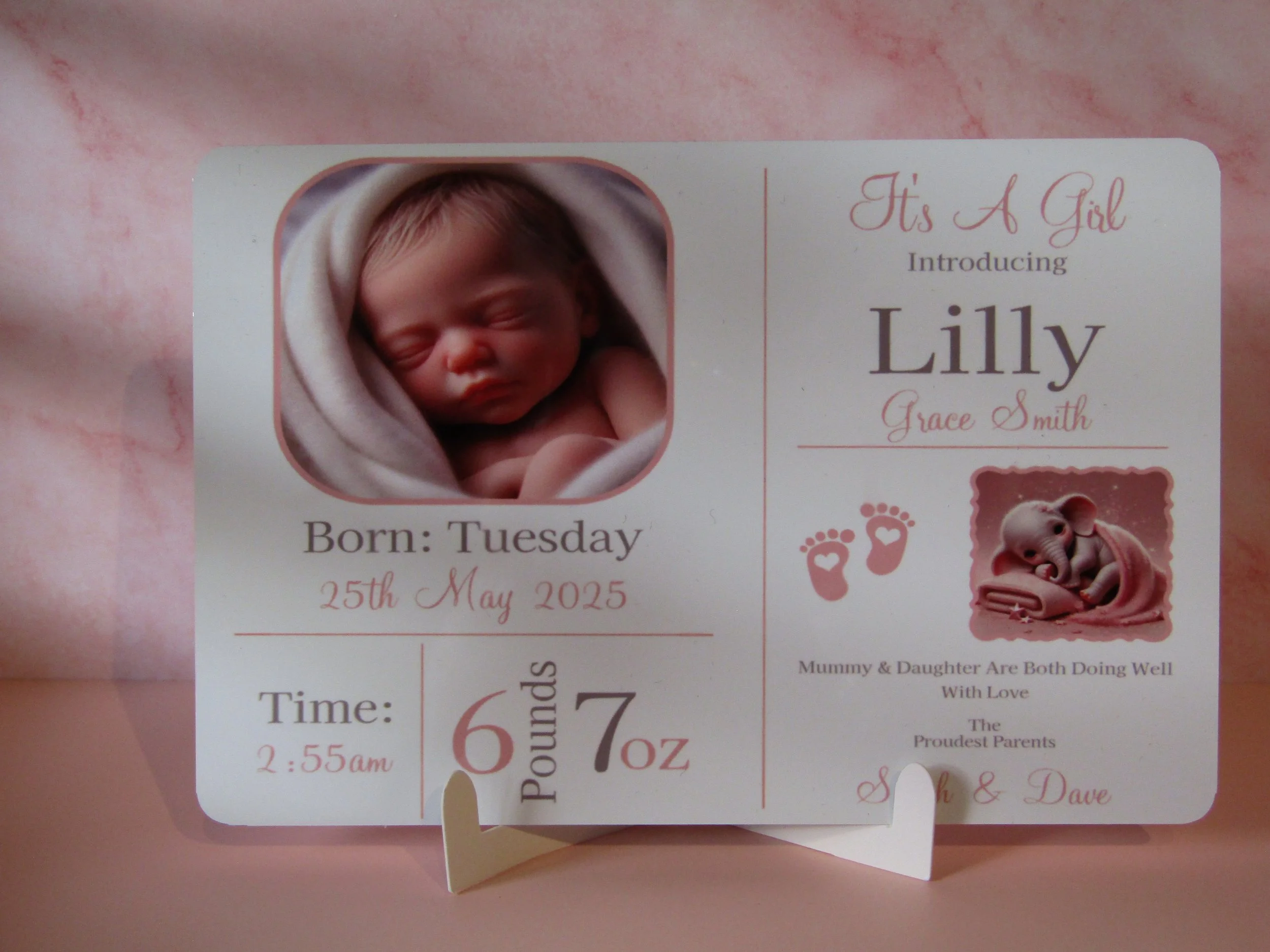 Weather-resistant material — suitable for indoor or outdoor display. Multiple sizes available.
Maybe add a small footprint or handprint for that extra special touch. Stand included.
#00205