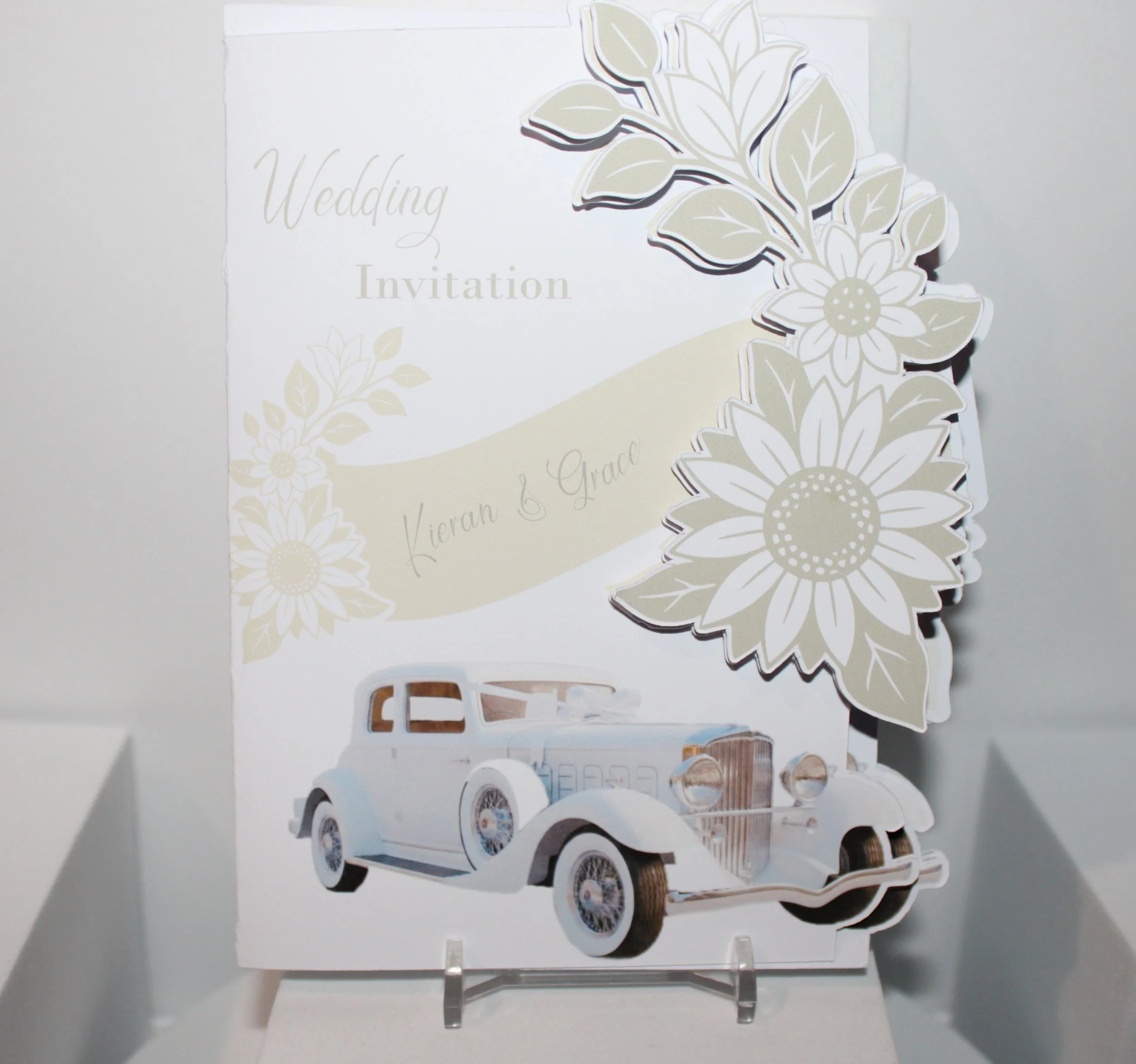 LAYERED FLOWER/VINTAGE CAR INVITATION PACKAGE! 
Just stunningly beautiful! This card has been beautifully printed, with a meticulously crafted edge. #0010