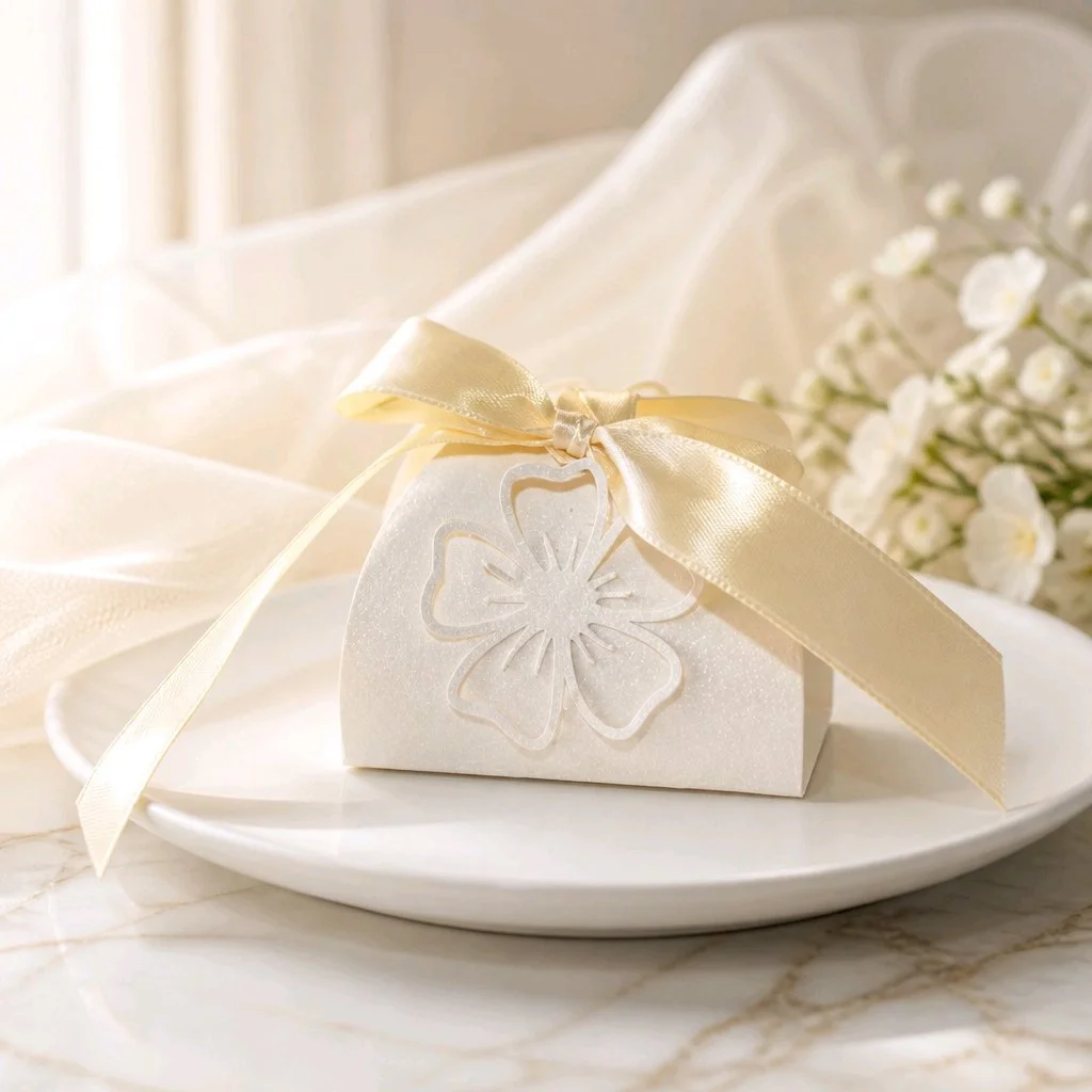 Flower Ribbon favour box!
These stunning little boxes have a cute flower attached to compliment the box. Each one has a gorgeous silk ribbon flowing from the box, giving it that perfect finishing touch. #00169