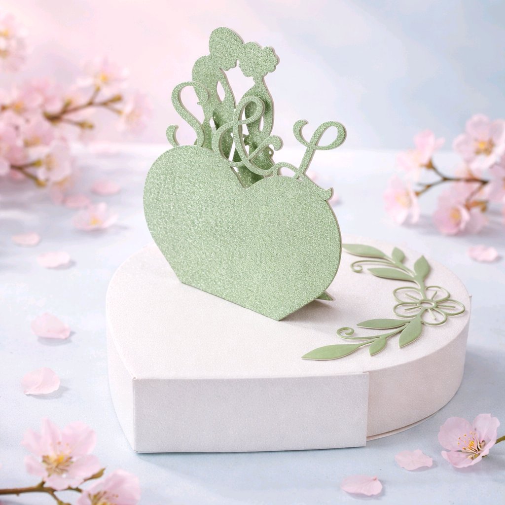 Heart shaped box with bride & groom plus heart with initials! Also Available In Sage Green!