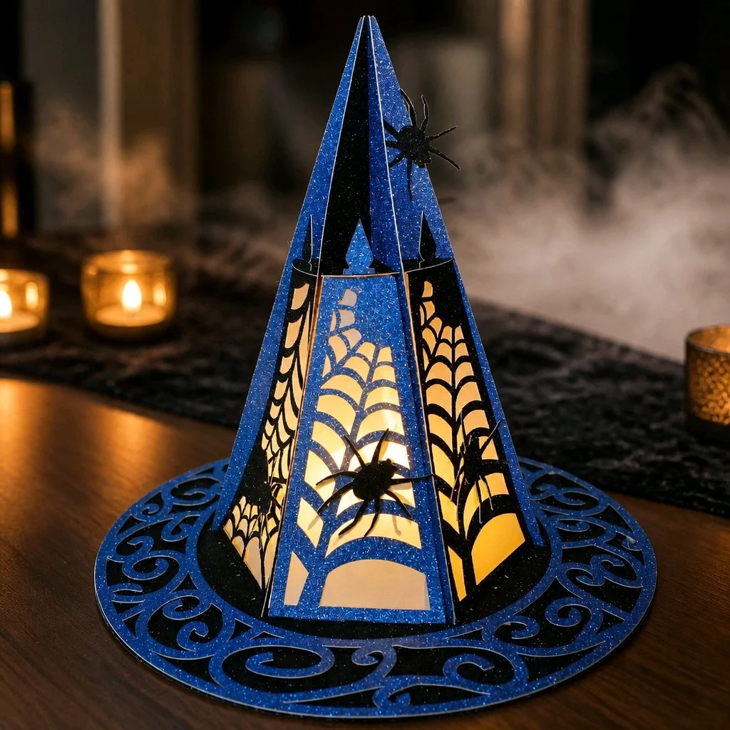 Halloween Hat Lantern With LED Lights Inside (Blue)!
A bewitching centrepiece for Halloween or themed décor, this witches’ hat lantern is cut entirely from sturdy card and finished with haunted detailing for a spookily elegant look.
Designed to hold 