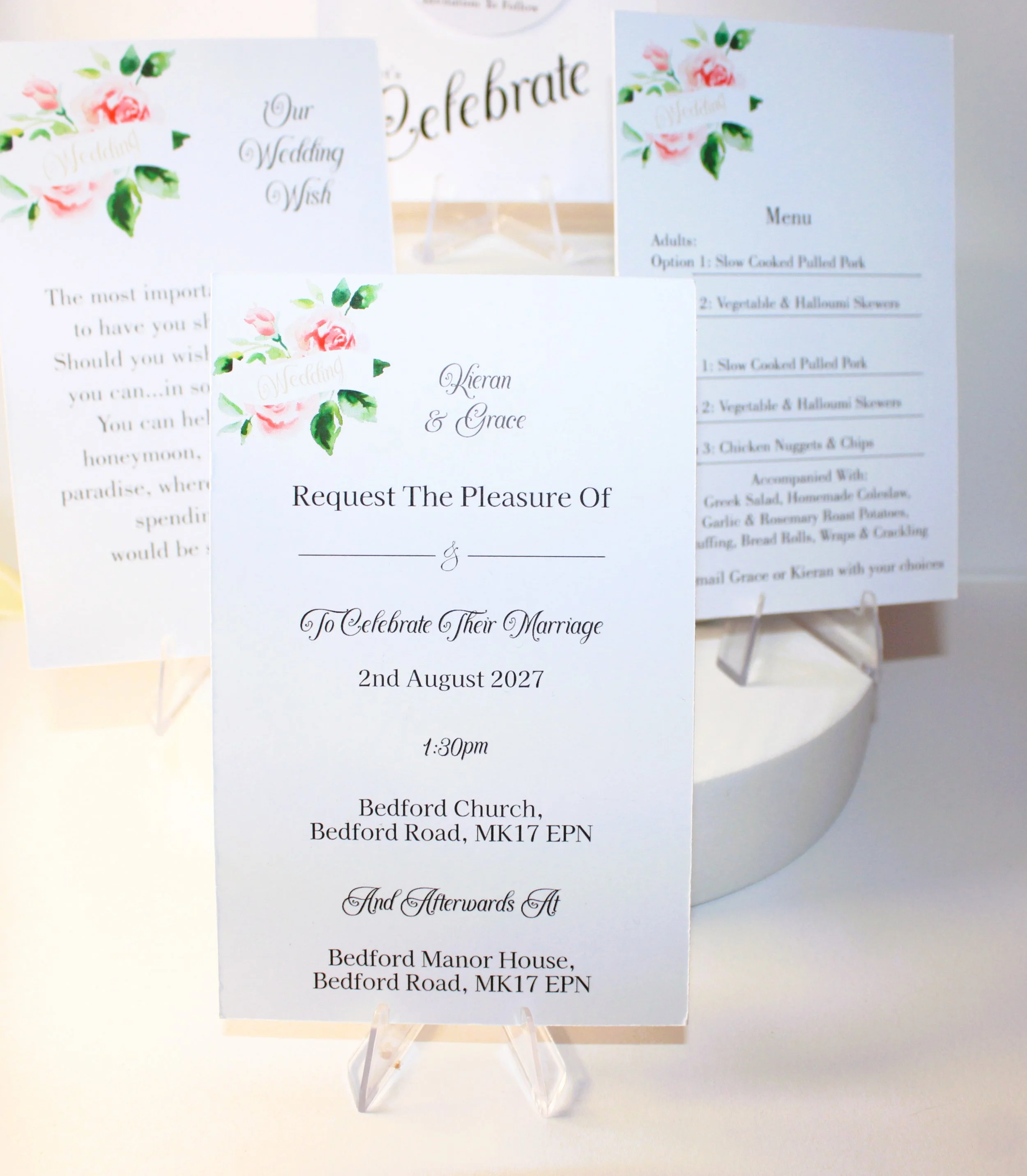 What's included! Crafted carrier card, Save the date with aluminium disc plus magnet for fridge attachment, Daytime & evening invitations, wedding wish card, menu option card, rsvp & two place cards.
