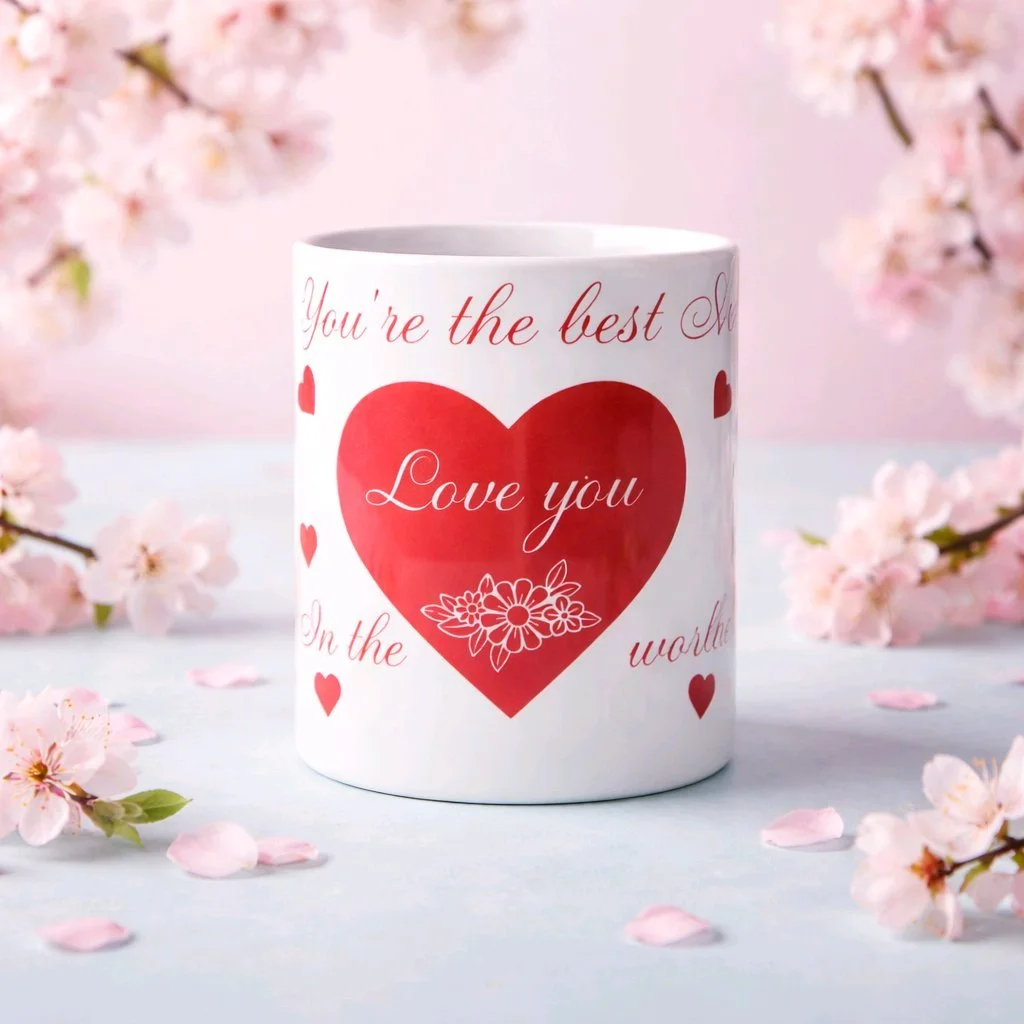 MOTHER'S DAY MUG!
White ceramic mug with a glossy finish.
 Large red love heart with the message "You're the best mum in the world" printed across the front in an elegant font. Floral motif printed on both sides of the heart, wrapping slightly around