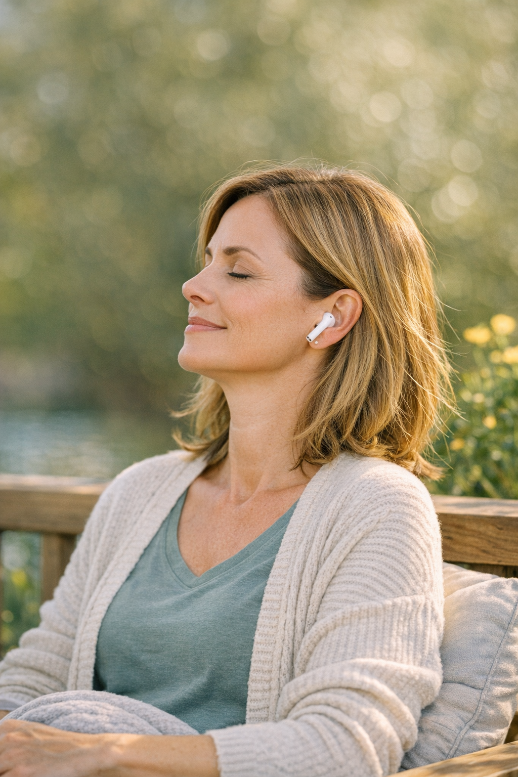 Women listening to hypnotherapy recording on airpods