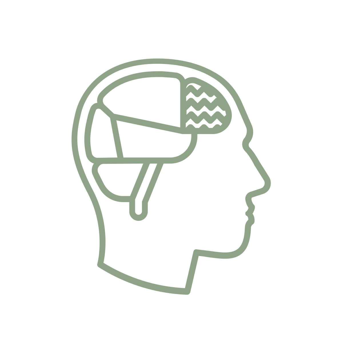 Line drawing of a human head in profile with a pie chart inside the brain area.
