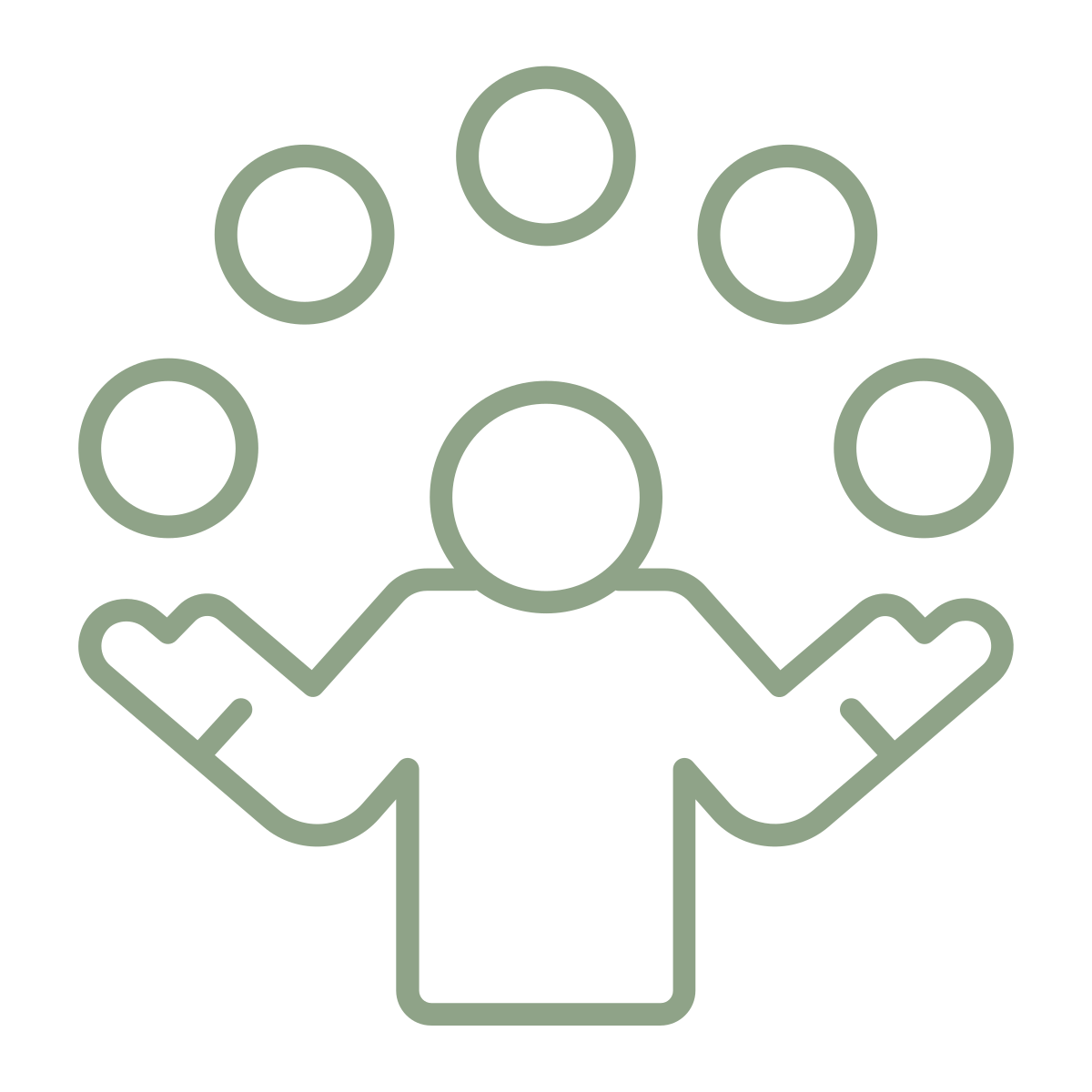 Outline icon of a person with six surrounding circles, representing juggling and balancing many responsibilities