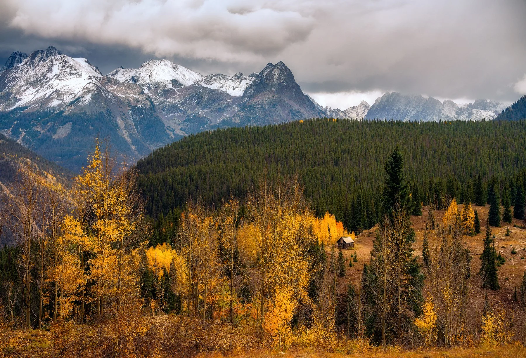 Another photo of the Grenadiers and old building from overlook near Molas Pass during Autumn with a nice fresh blanket of snow