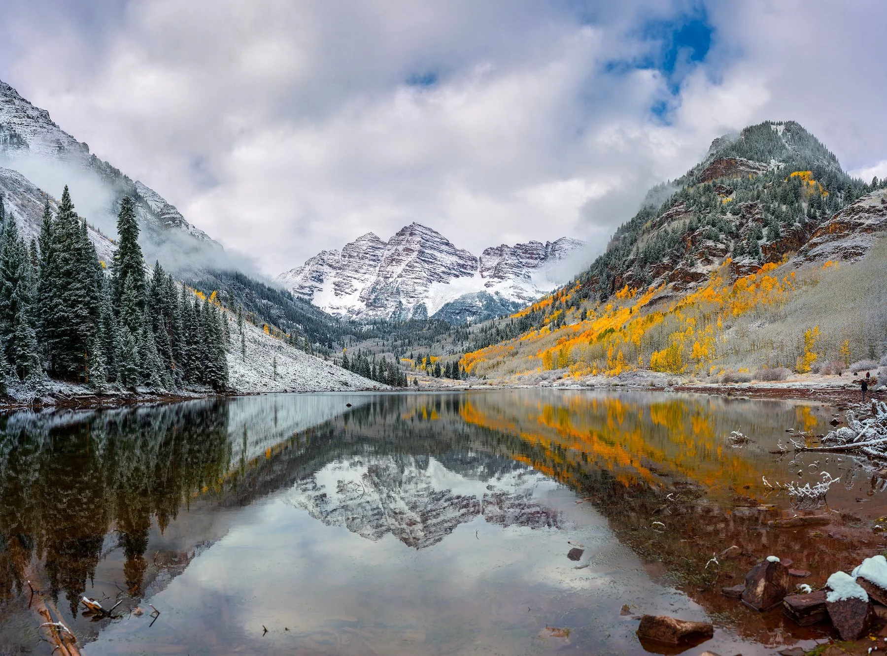 The Maroon Bells, the most photographed mountain peaks in North America, with morning conditions that I have been seeking for years to get