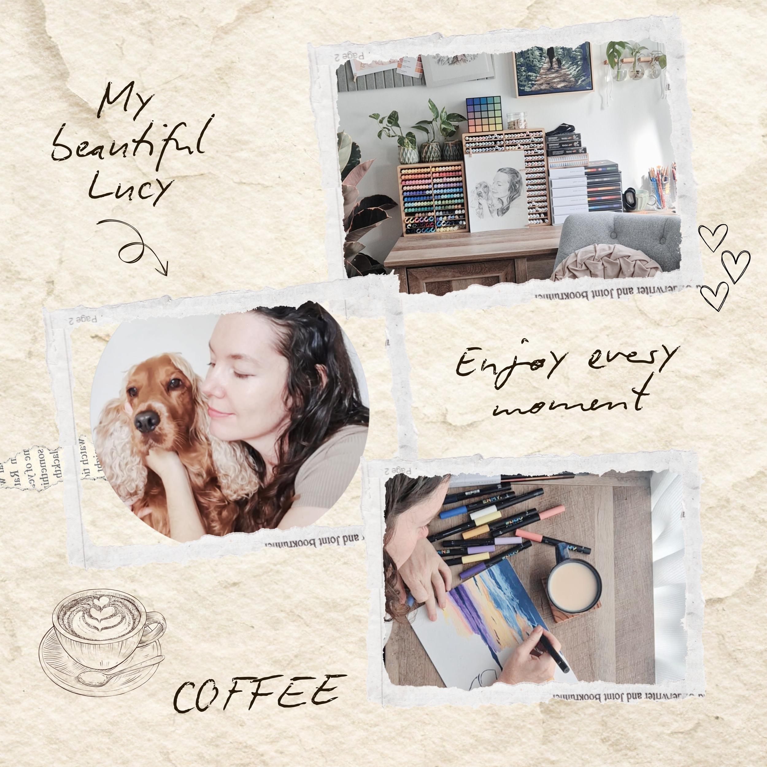 A Pinterest-style collage featuring a creative workspace with art supplies, a woman holding a dog, and decorative plants and artwork on the wall.