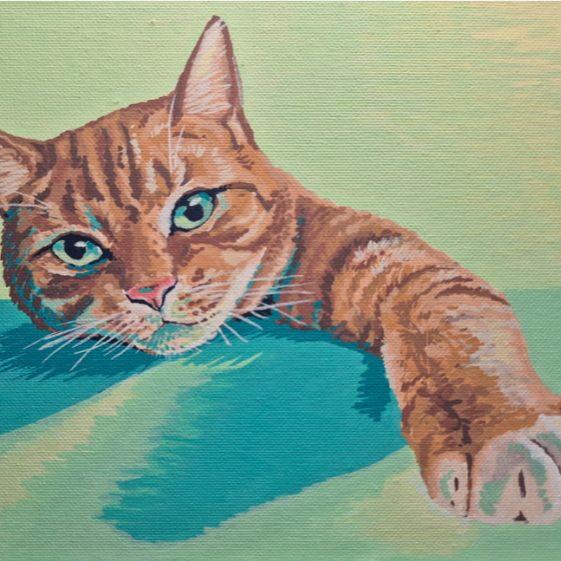 Close-up of an orange tabby cat lying on a green surface, reaching forward with its paw.