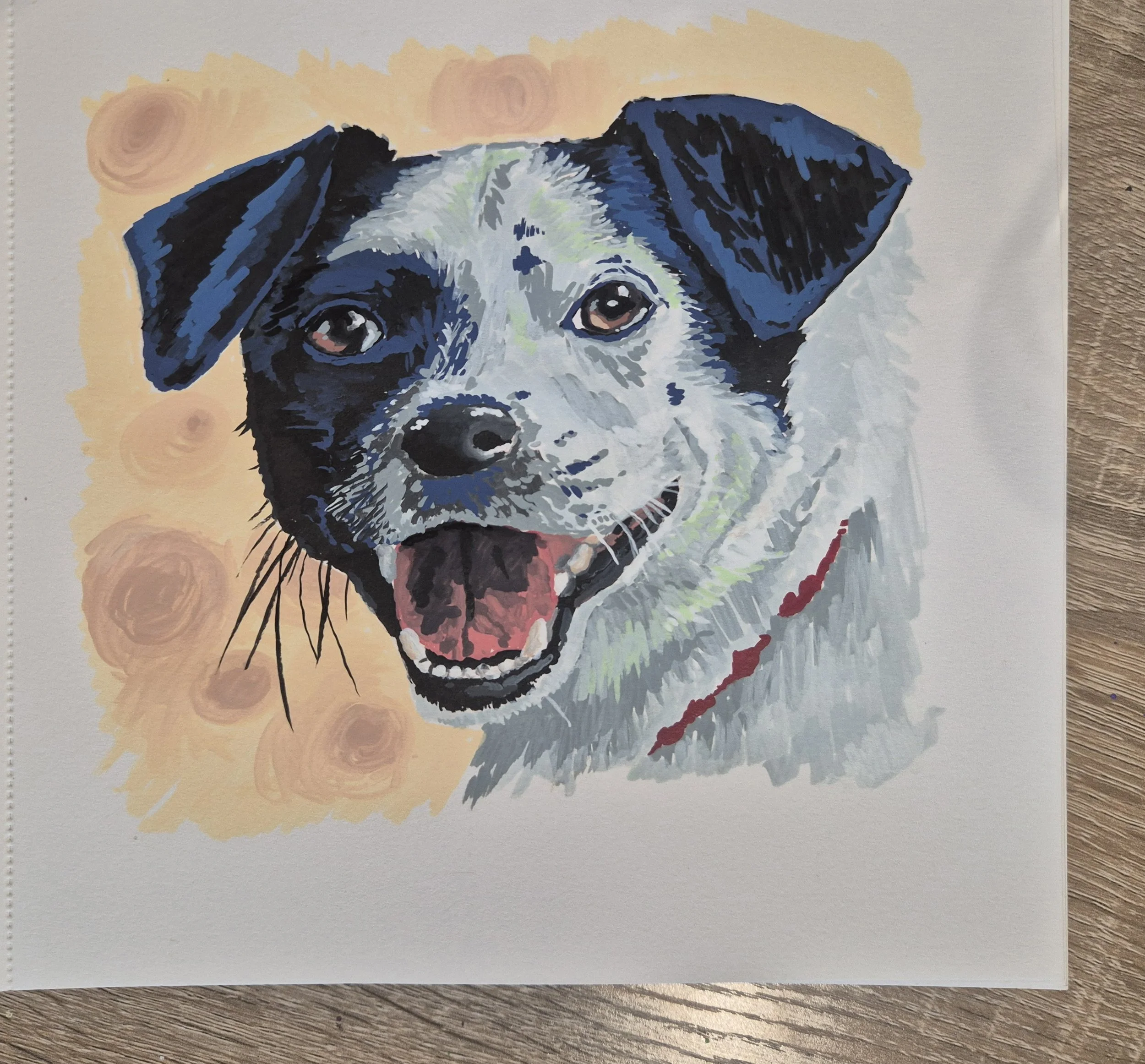 A colorful painting of a dog with a black and white face and brown eyes, with a background of orange circles and pinkish hues.