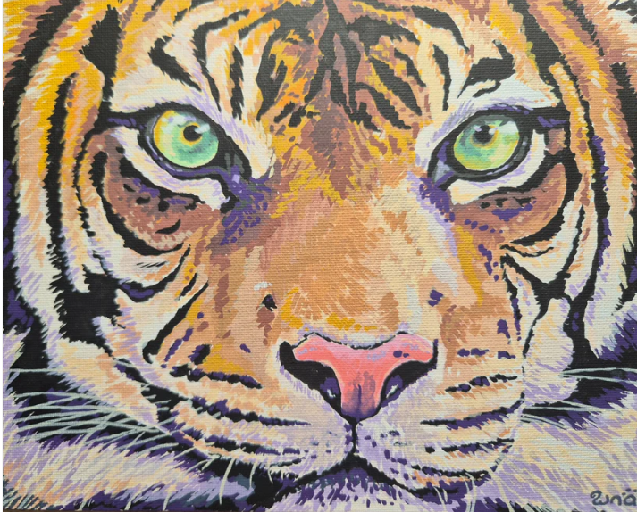 Close-up of a tiger's face painted in vibrant colors with yellow-green eyes, orange and black stripes, and pink nose.