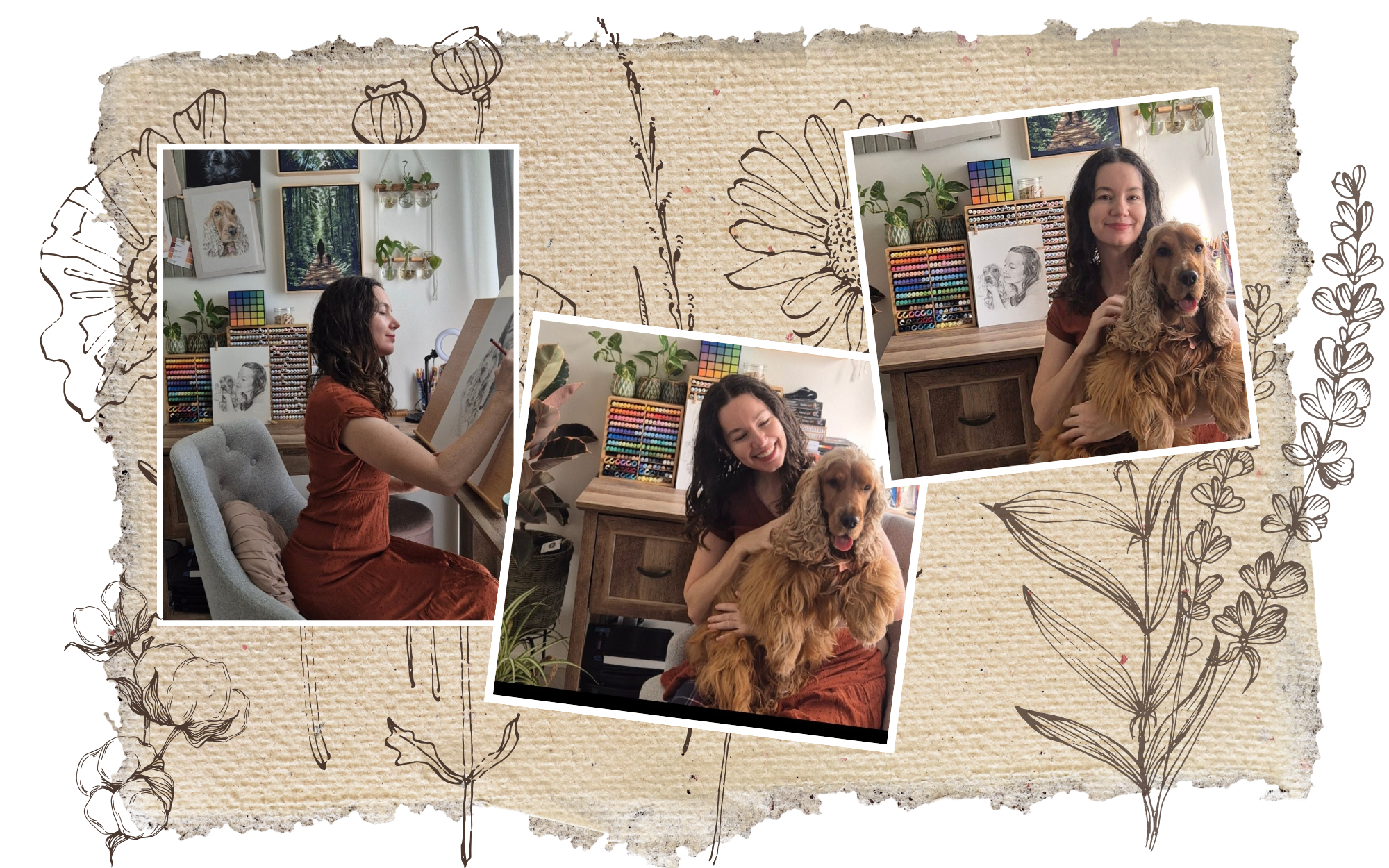 A collage of three photos featuring a woman with curly dark hair, a dog, and a cozy home office decorated with art, plants, and color swatches, on a textured floral background.