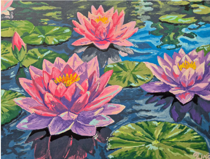 Colorful painting of pink and purple water lilies floating on a pond with green lily pads.