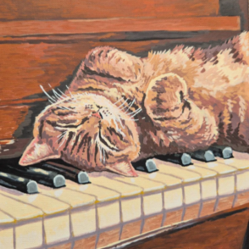 A sleeping tabby cat lying on a piano keyboard.