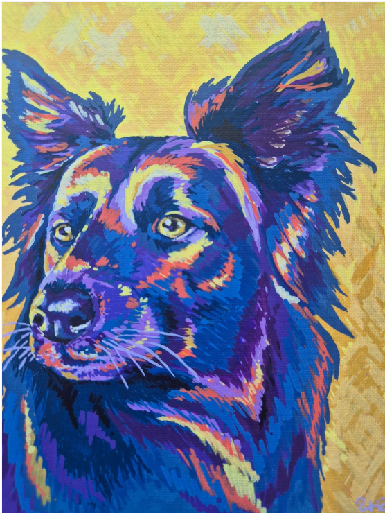 Colorful painting of a dog with large ears, using vibrant shades of blue, purple, yellow, and orange on a yellow background.