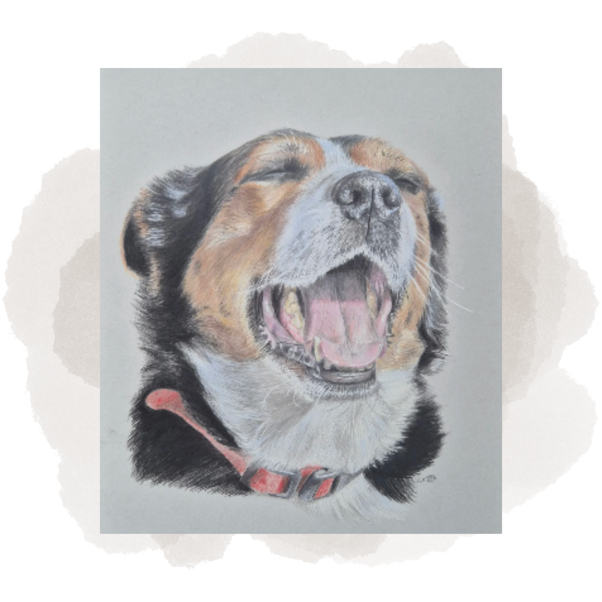 A painting or drawing of a happy dog with its eyes closed, mouth open, and tongue slightly out, with a gray background.