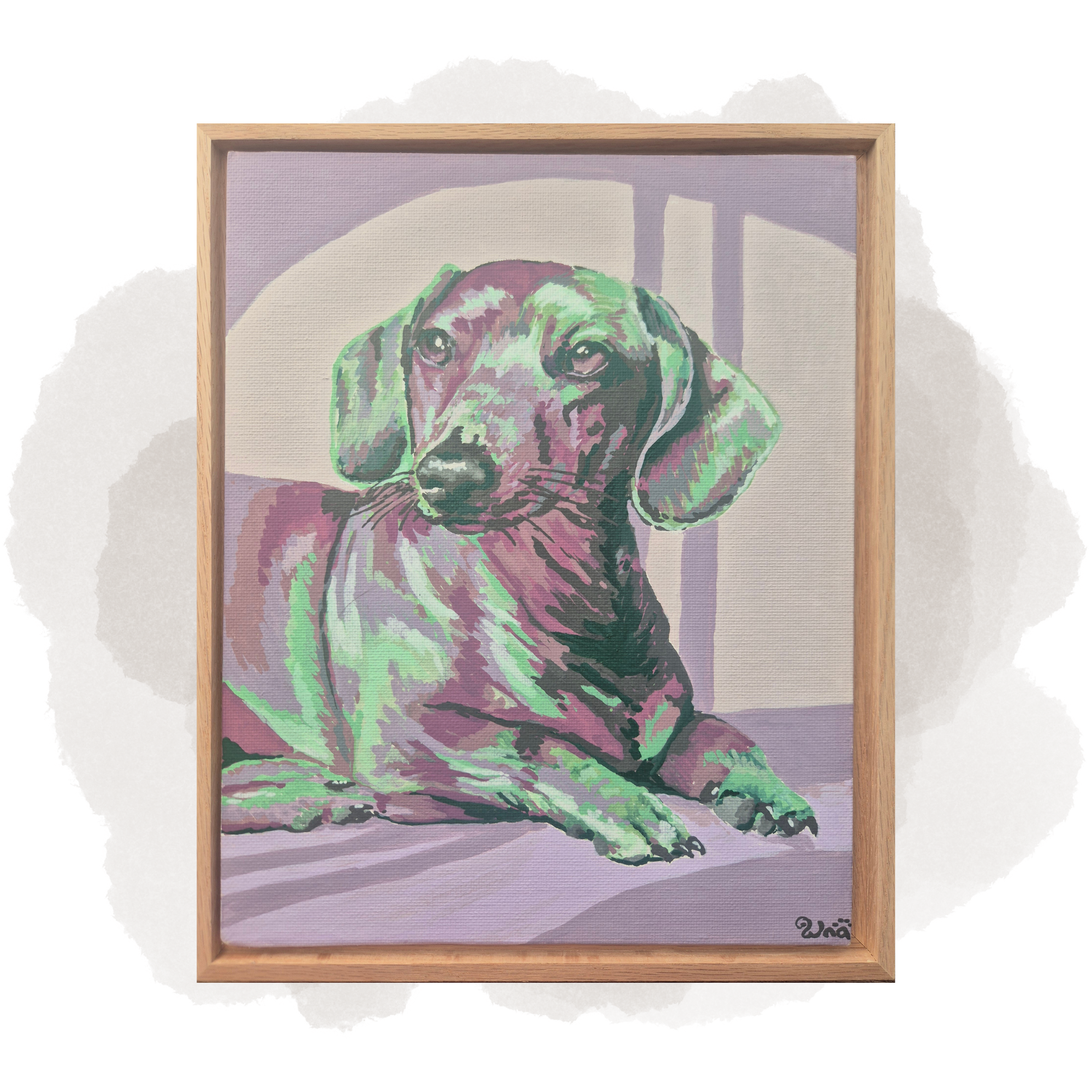 Framed stylised acrylic portrait of a dachshund in shades of green, purple and pink. The dog sits upright with a calm, regal expression and its front paws neatly positioned beneath it.