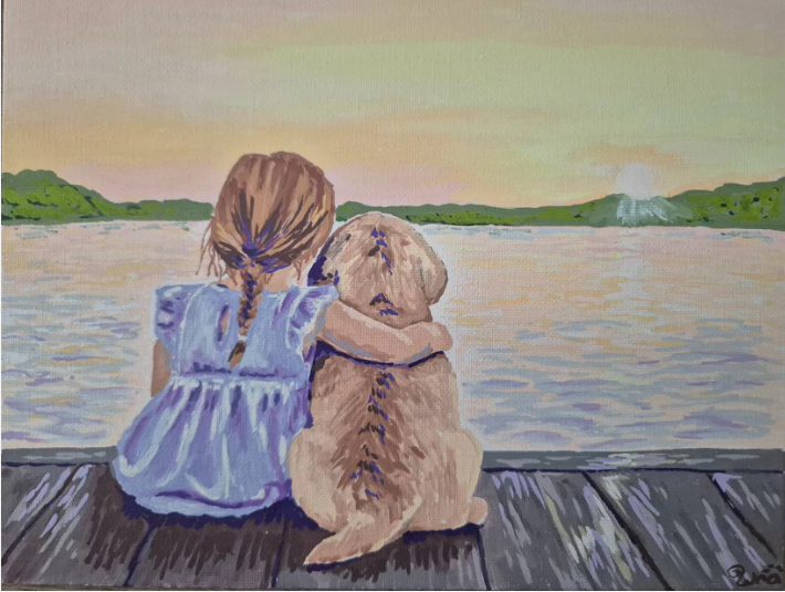 A girl and a dog sitting on a wooden dock, facing a river or lake with a sunset or sunrise in the background, the girl is hugging the dog.