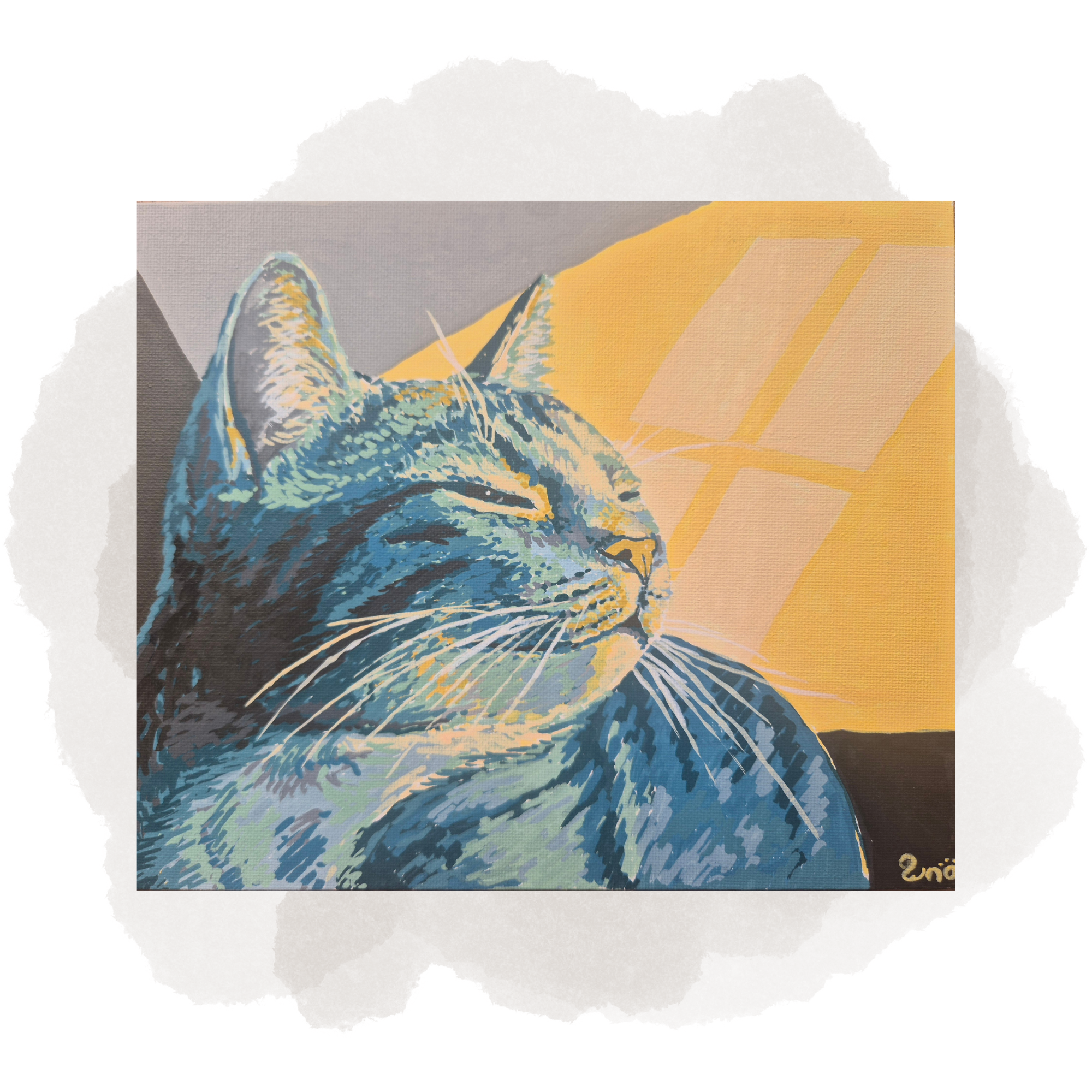 Stylised acrylic portrait of a cat in shades of blue and green, sitting beside a geometric window. Soft yellow light falls across its face, its eyes closed, head tilted like it's enjoying the sunshine.