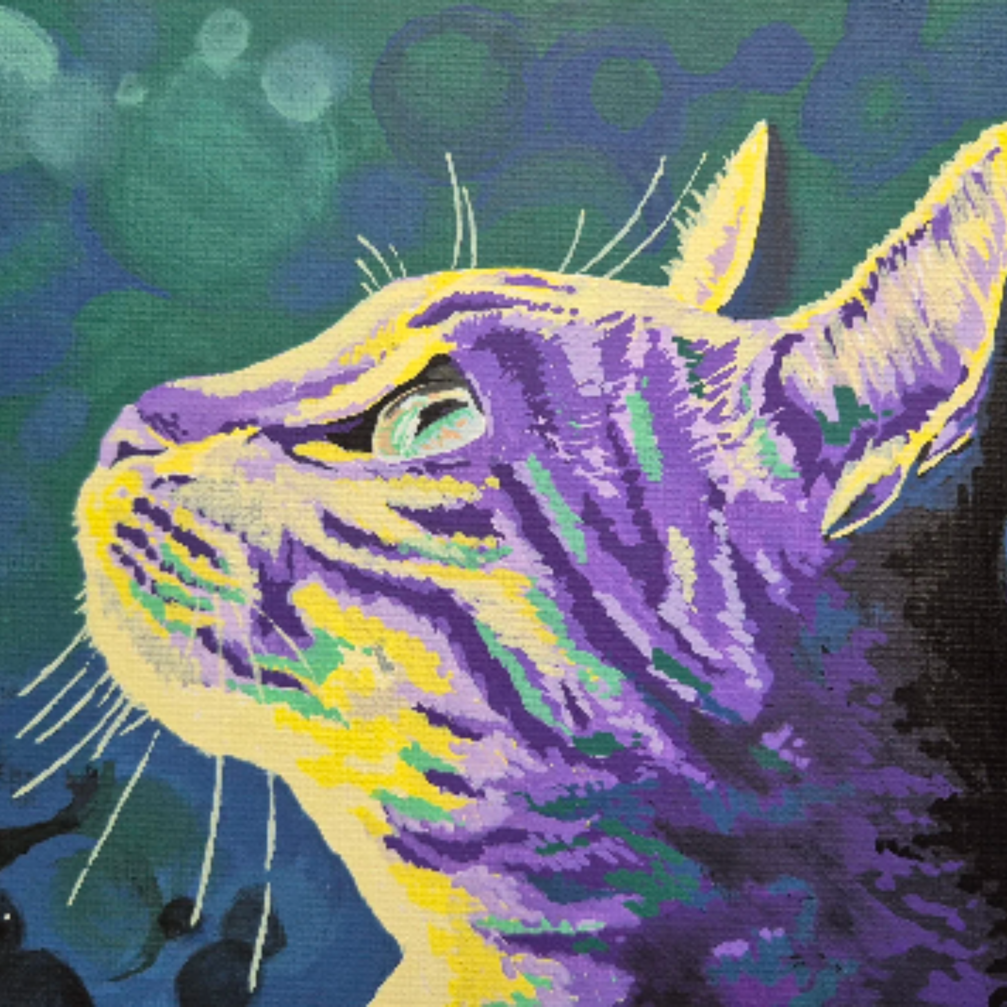 Close-up of a colorful cat with purple, yellow, and green details on a dark background.