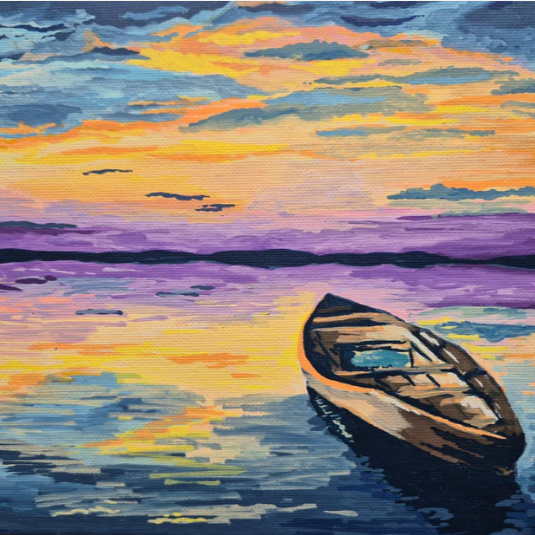 A colorful acrylic painting of a sunset over a calm lake with an empty boat floating in the water.