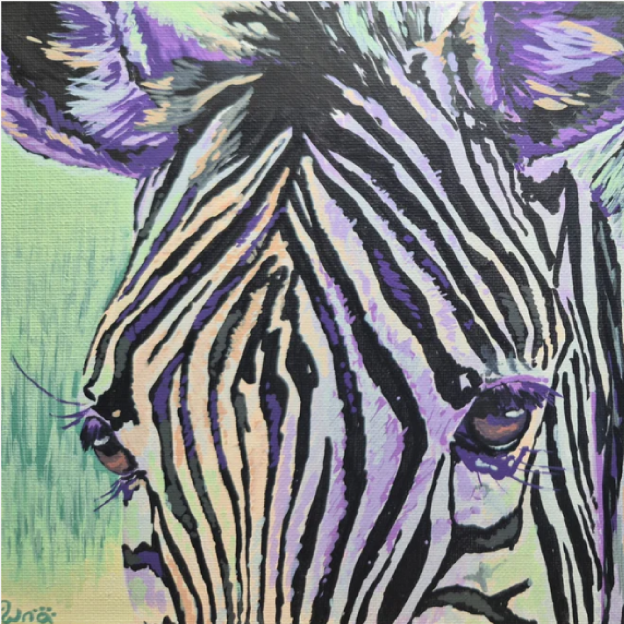 Close-up of a zebra's face, painted in a colorful, abstract style.