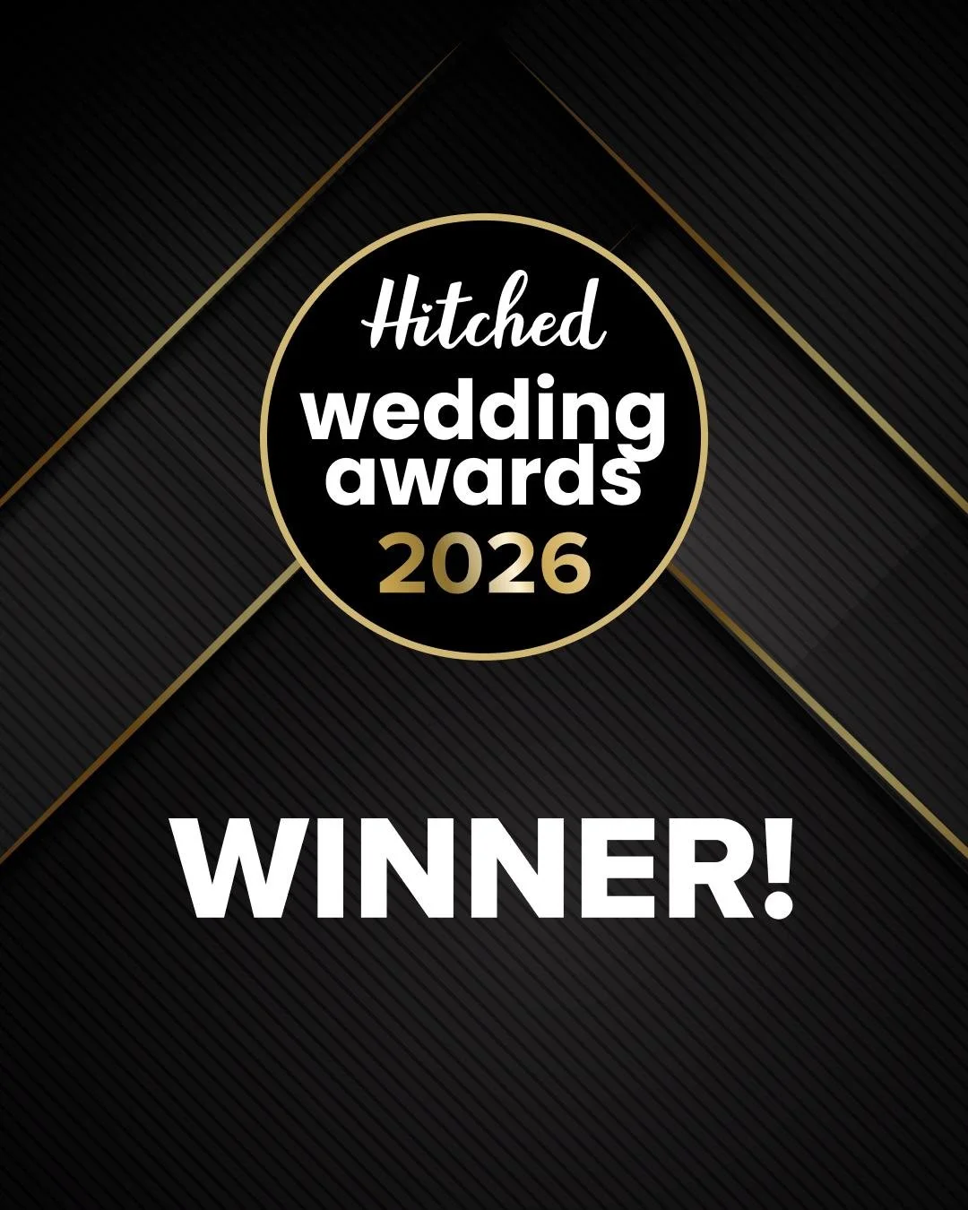 Black and gold design with text reading 'Hitched wedding awards 2026 WINNER!' indicating a winner in the 2026 wedding awards.