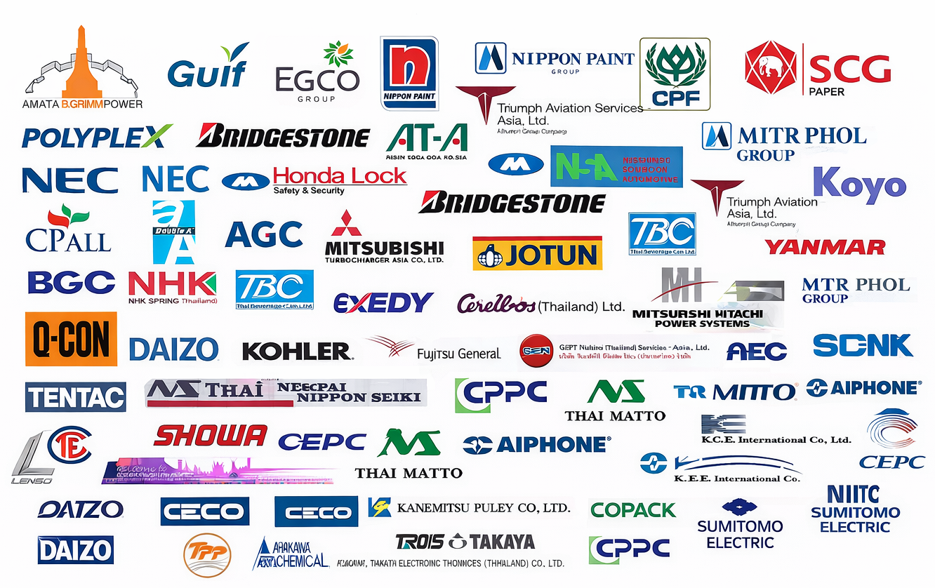 Collection of various company logos, primarily from Thailand and Japan, including brands like NEC, Mitsubishi, Bridgestone, Honda, and Siemens, with a mix of text and graphic elements.