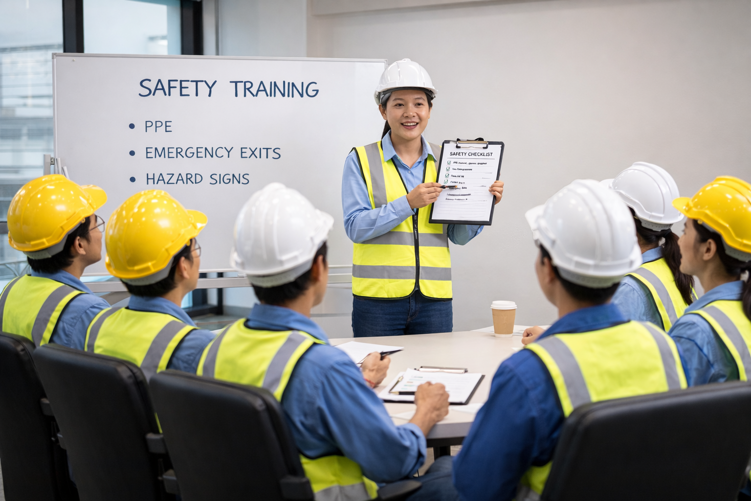 A woman safety trainer in a yellow safety vest and hard hat leads a safety training session for a group of workers in hard hats and safety vests sitting around a conference table. She holds a clipboard with a safety checklist. A whiteboard in the background reads 'Safety Training' and lists topics like PPE, emergency exits, and hazard signs.