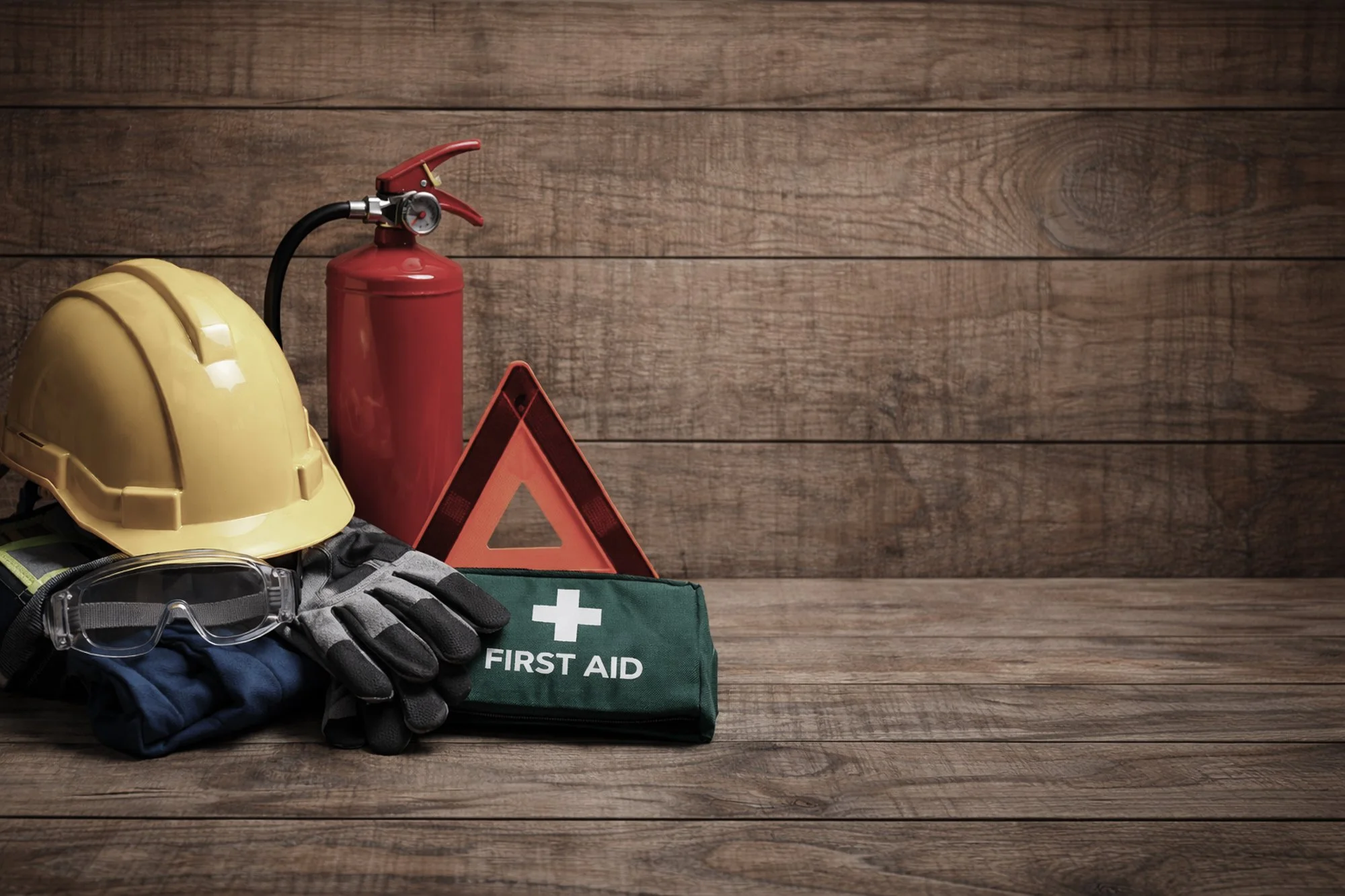 Construction safety equipment including a yellow hard hat, safety goggles, gloves, a green first aid kit, a reflective warning triangle, a red fire extinguisher, and a red warning sign, all placed on a wooden surface against a wood-paneled background.