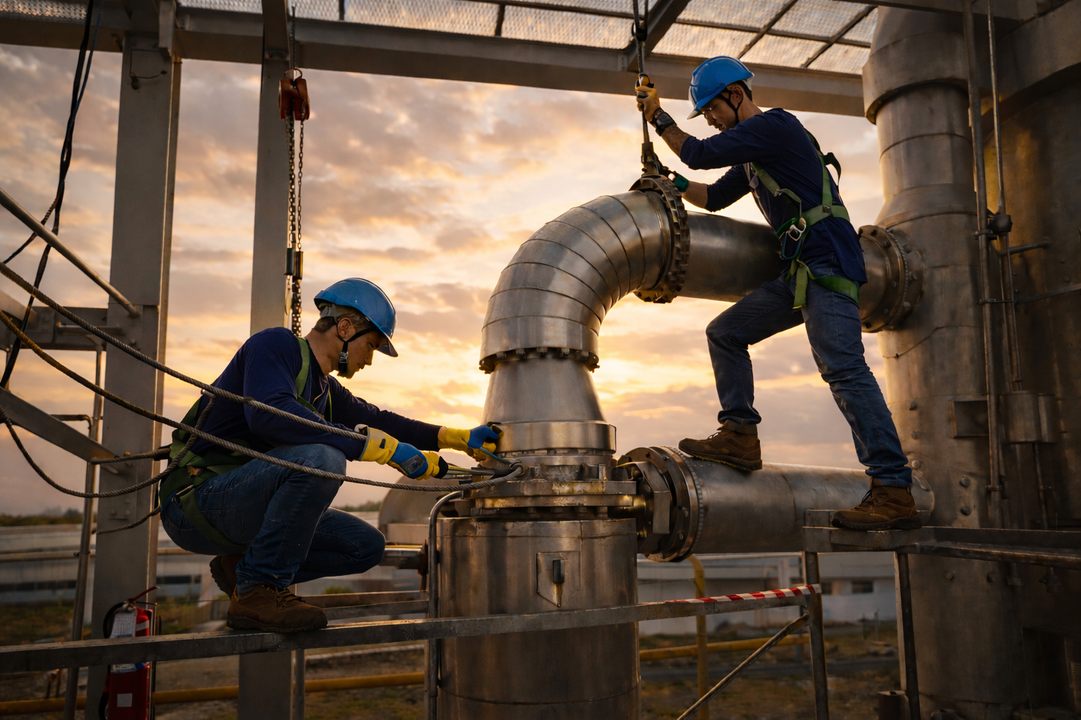 Two workers in safety gear inspecting large industrial pipes on a scaffold at sunset.