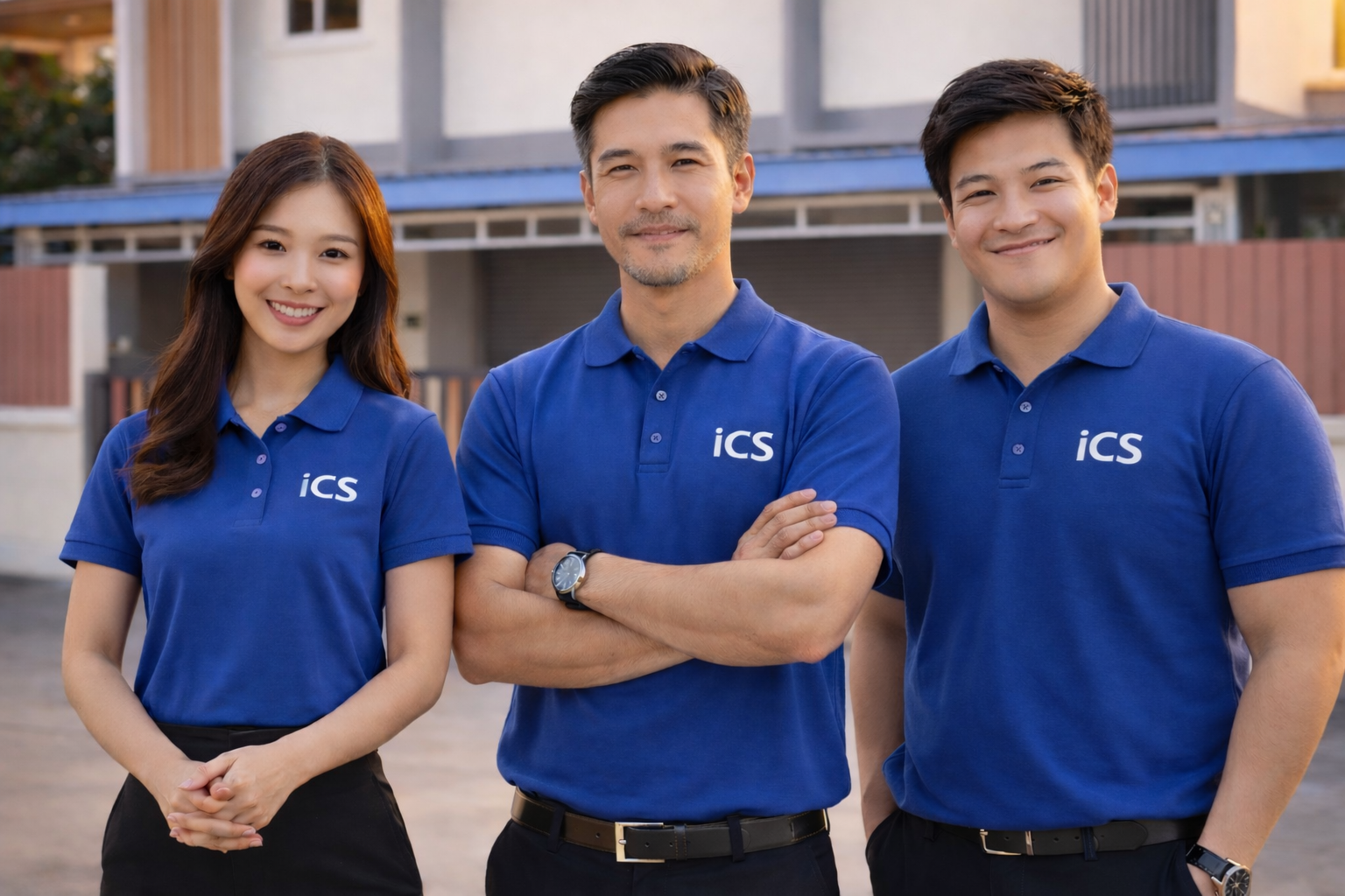 Three people standing outdoors wearing blue polo shirts with 'ICS' logo, smiling and looking at the camera.