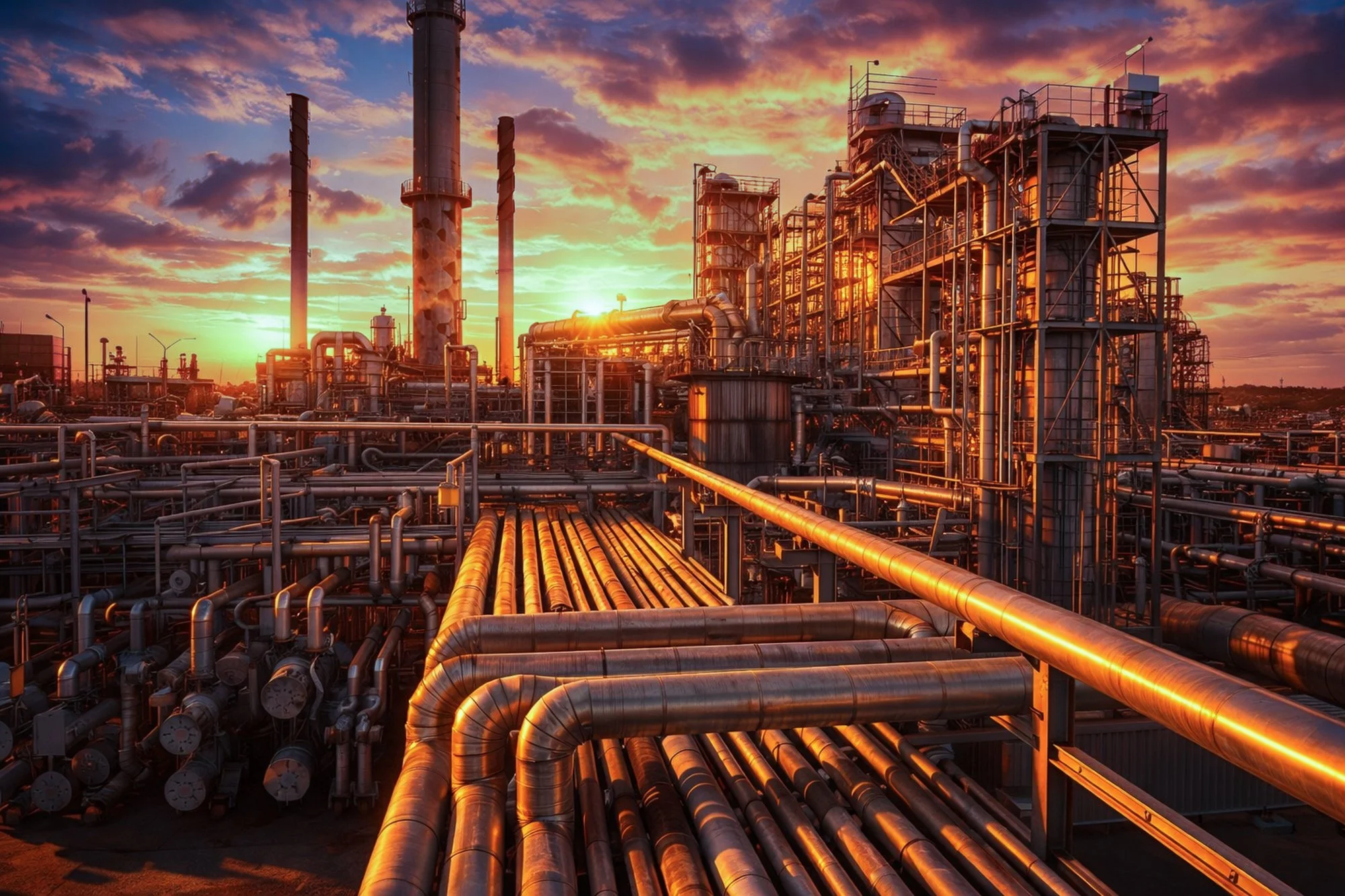 An industrial oil refinery at sunset with pipes, towers, and metal structures illuminated by the sunset sky.