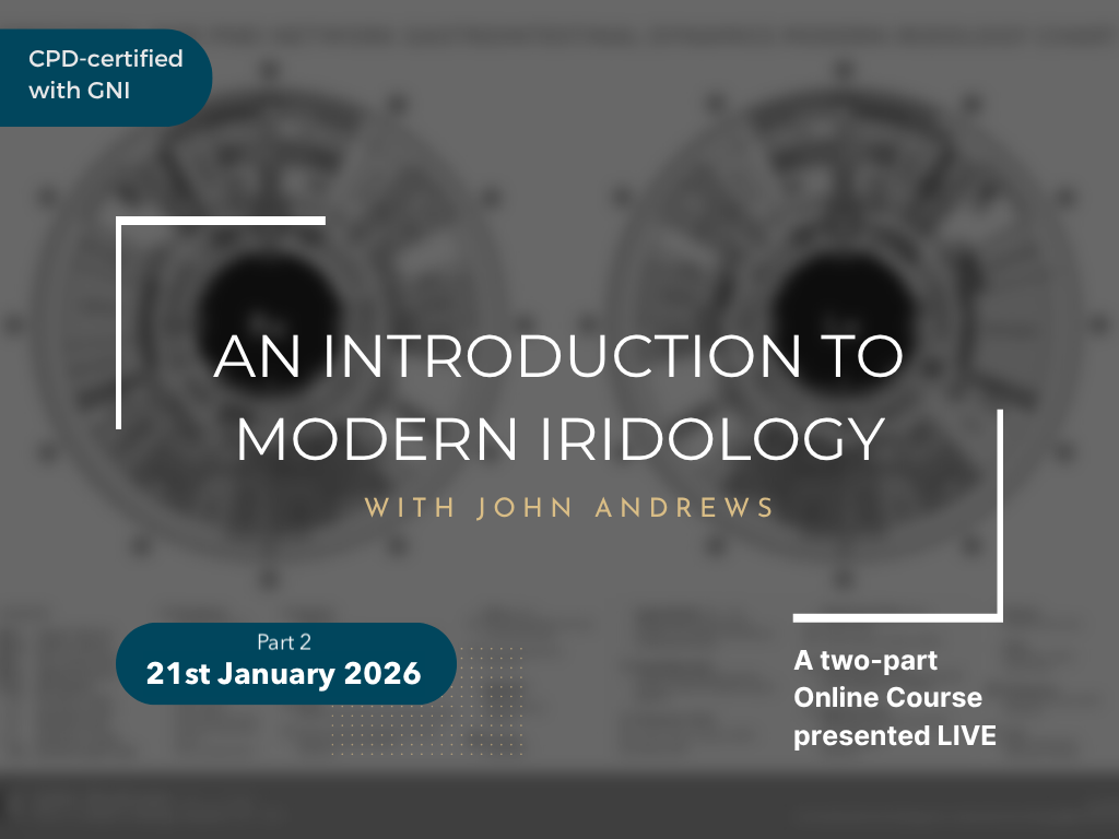 Online course cover titled "An Introduction to Modern Iridology with John Andrews," scheduled for January 21, 2026, with a blue label indicating it is part 2 and a certificate badge for CPD-certified with GNI, featuring a blurred background of iridology charts.