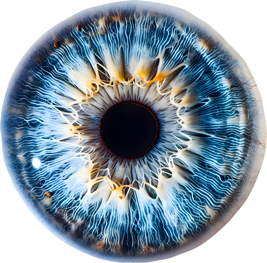 Close-up of a human eye showing intricate details of the iris in blue, white, and black tones.