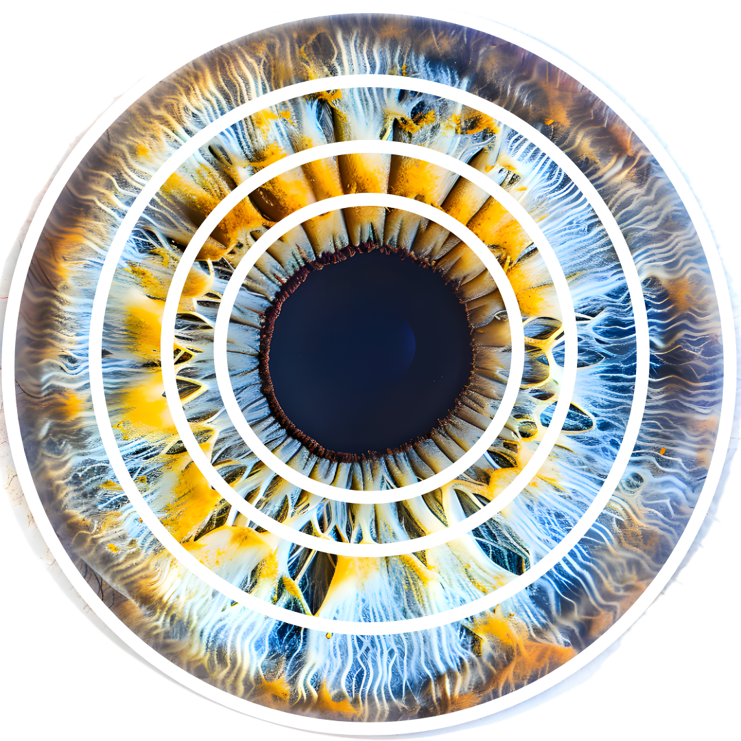 Close-up of a human eye, showing the iris with blue, yellow, and white colors, and a dark pupil in the center.