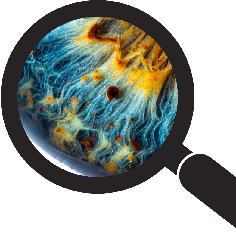 Close-up of a circular object with blue, yellow, and orange swirling patterns, resembling a marble or planetary surface.