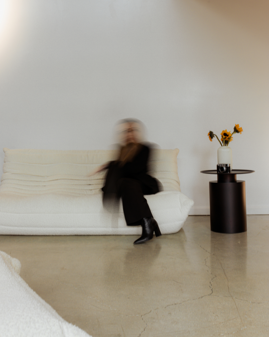 Blurred business woman sitting on a cream-coloured sofa in a minimalist room, with a side table holding a vase of sunflowers and a camera discussing social media management.