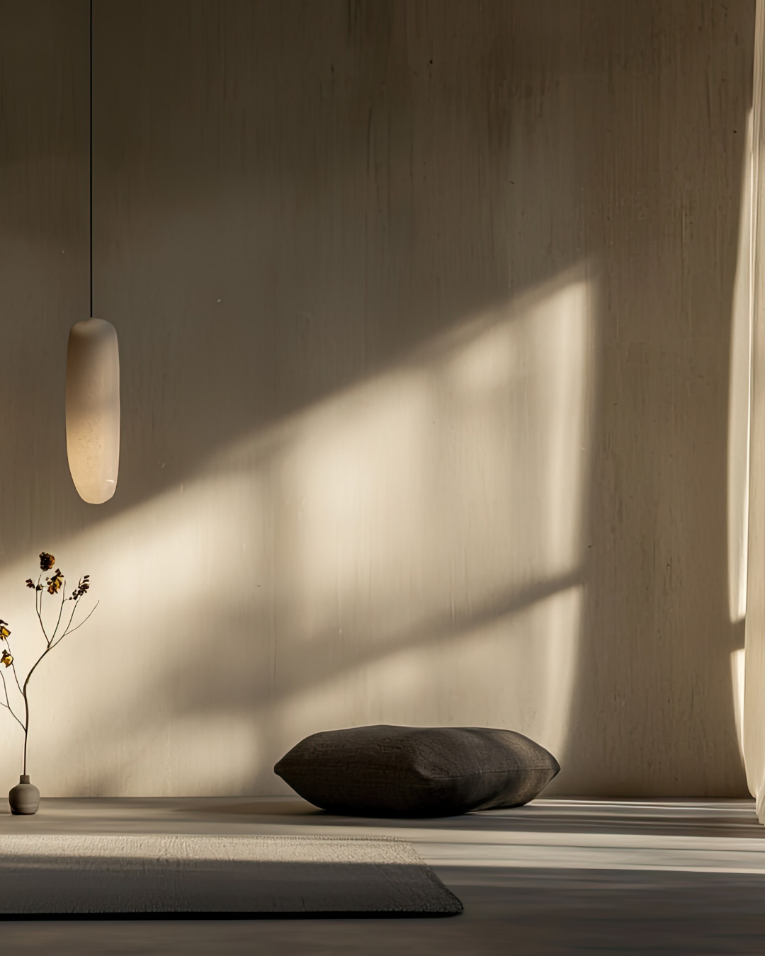 Minimalist interior with a dark cushion on a light floor, a small vase with branches on the left, a hanging pendant light, and a wall with sunlight and shadow patterns.